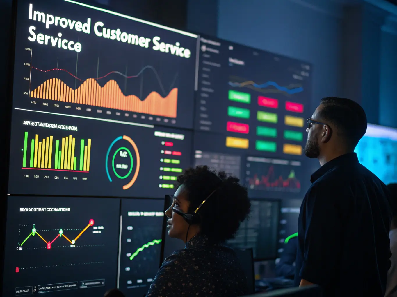 A dashboard displaying key performance indicators (KPIs) related to chatbot usage, such as appointment confirmations, customer satisfaction scores, and cost savings.